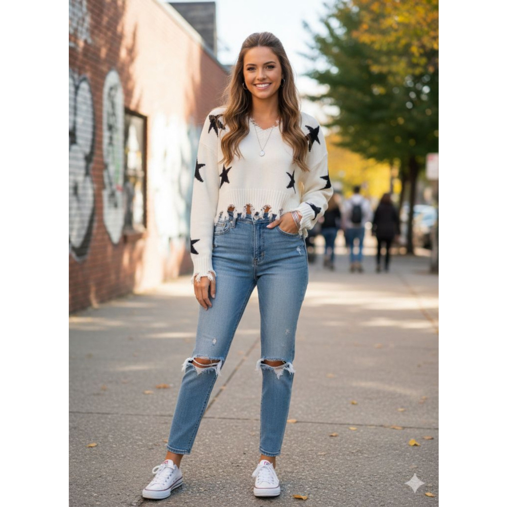 Women's SHEIN White & Black Star Distressed V-Neck Sweater S